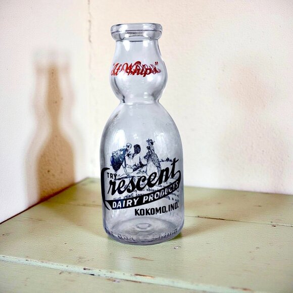 Crescent Other - Vintage ACL Crescent Dairy Milk Bottle "It Whips" 1 Quart Glass Clear Black Prin